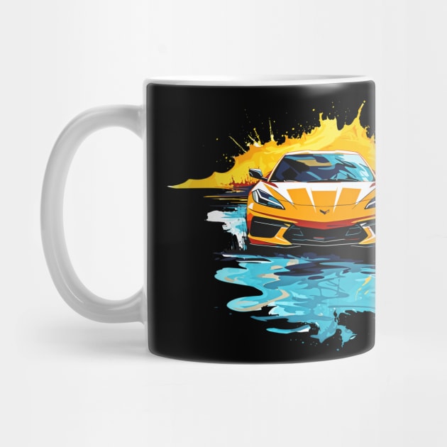 Orange C8 Corvette Racecar Splatter Art by Tees 4 Thee